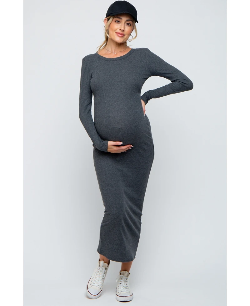 Pinkblush Maternity Black Ribbed Fitted Long Sleeve Midi Dress