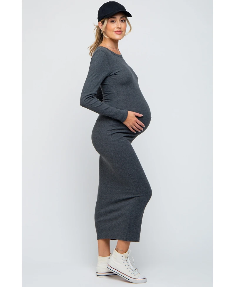 Pinkblush Maternity Black Ribbed Fitted Long Sleeve Midi Dress