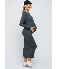 Pinkblush Maternity Black Ribbed Fitted Long Sleeve Midi Dress