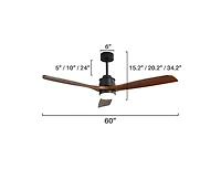 60-inch Modern Minimalist Style Black 3-Blade Ceiling Fan with Led Light, Remote Control and Timing Function