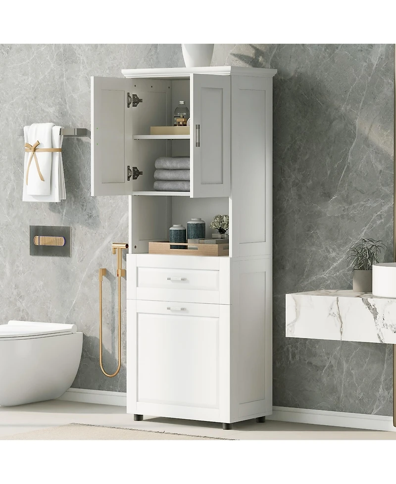 Casainc Tall Bathroom Cabinet with Laundry Basket, Tilt-Out Hamper and Upper Storage