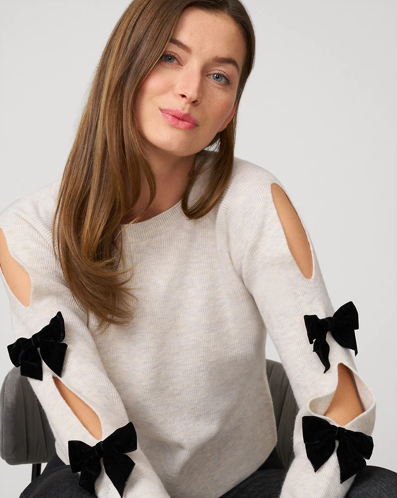 Cable & Gauge Bow Cut Out Sleeve Sweater