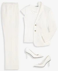 Kasper Womens Stretch Crepe Two Button Jacket Cowl Neck Cap Sleeve Top Stretch Crepe High Rise Straight Pants