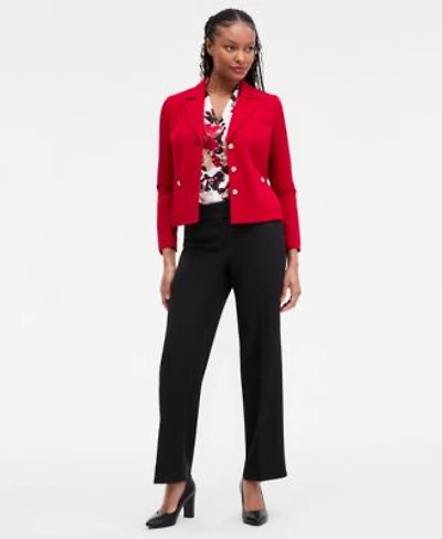 Kasper Womens Stretch Crepe Three Button Jacket Floral Print Pleated Shoulder Blouse Stretch Crepe Wide Leg Pants