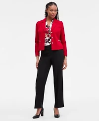 Kasper Womens Stretch Crepe Three Button Jacket Floral Print Pleated Shoulder Blouse Stretch Crepe Wide Leg Pants