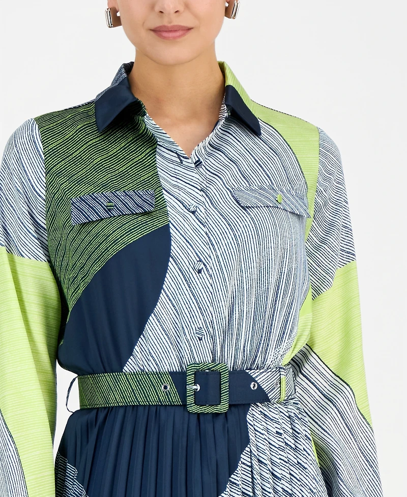 T Tahari Women's Printed Belted Pleated Midi Dress