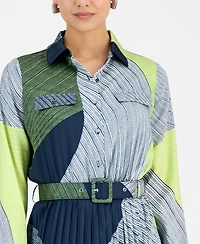 T Tahari Women's Printed Belted Pleated Midi Dress