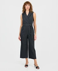 Calvin Klein Women's Pinstriped Notched Collar Jumpsuit