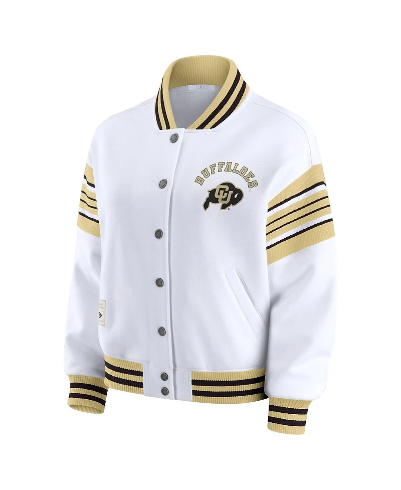 Wear by Erin Andrews Women's White/Gold Colorado Buffaloes Satin Stitch Full-Snap Fleece Sweatshirt Jacket