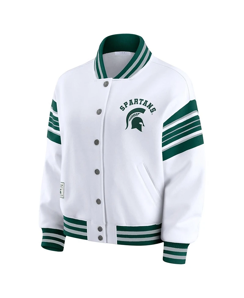 Wear by Erin Andrews Women's White/Green Michigan State Spartans Satin Stitch Full-Snap Fleece Sweatshirt Jacket