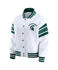 Wear by Erin Andrews Women's White/Green Michigan State Spartans Satin Stitch Full-Snap Fleece Sweatshirt Jacket