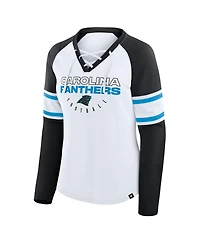 Fanatics Women's White/Black Carolina Panthers Redzone Blitz Package Raglan Lace-Up V-Neck Long Sleeve T-Shirt
