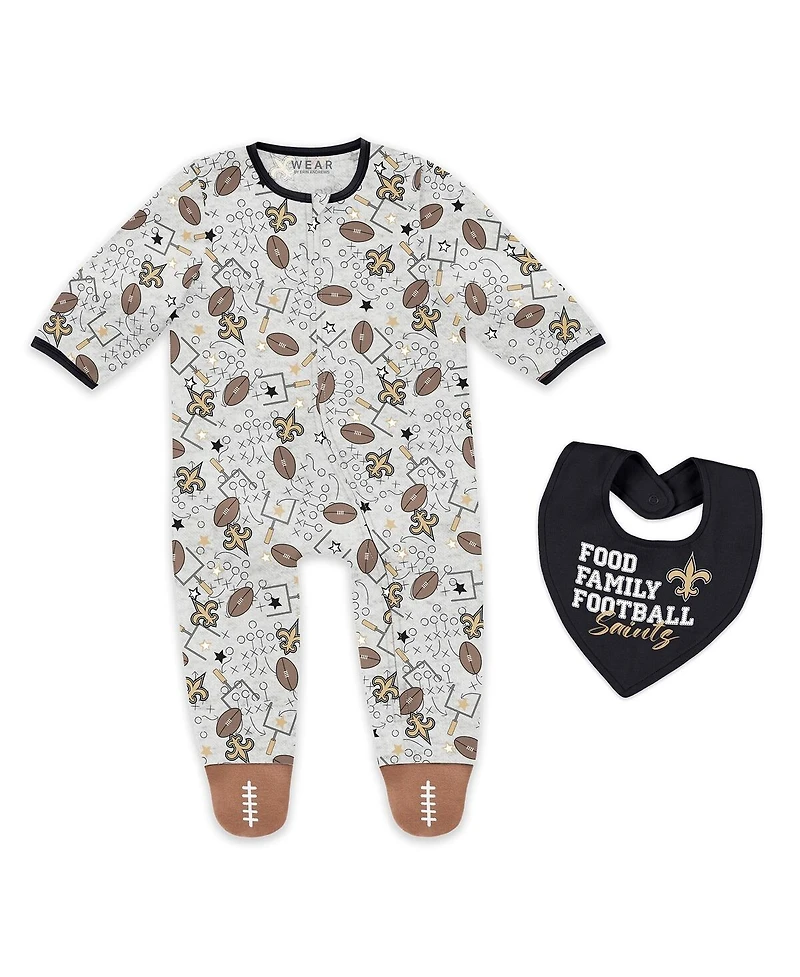 Wear by Erin Andrews Baby Boys and Girls Newborn New Orleans Saints Sleep Play Full-Zip Sleeper Bib Set
