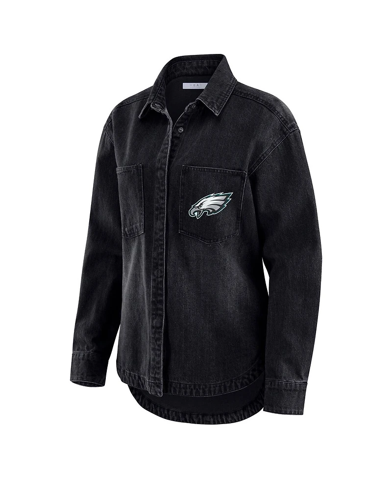 Wear by Erin Andrews Women's Black Philadelphia Eagles Washed Oversized Denim Full-Snap Shacket