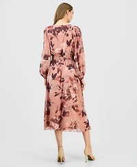 Anne Klein Women's Floral V-Neck Belted Midi Dress