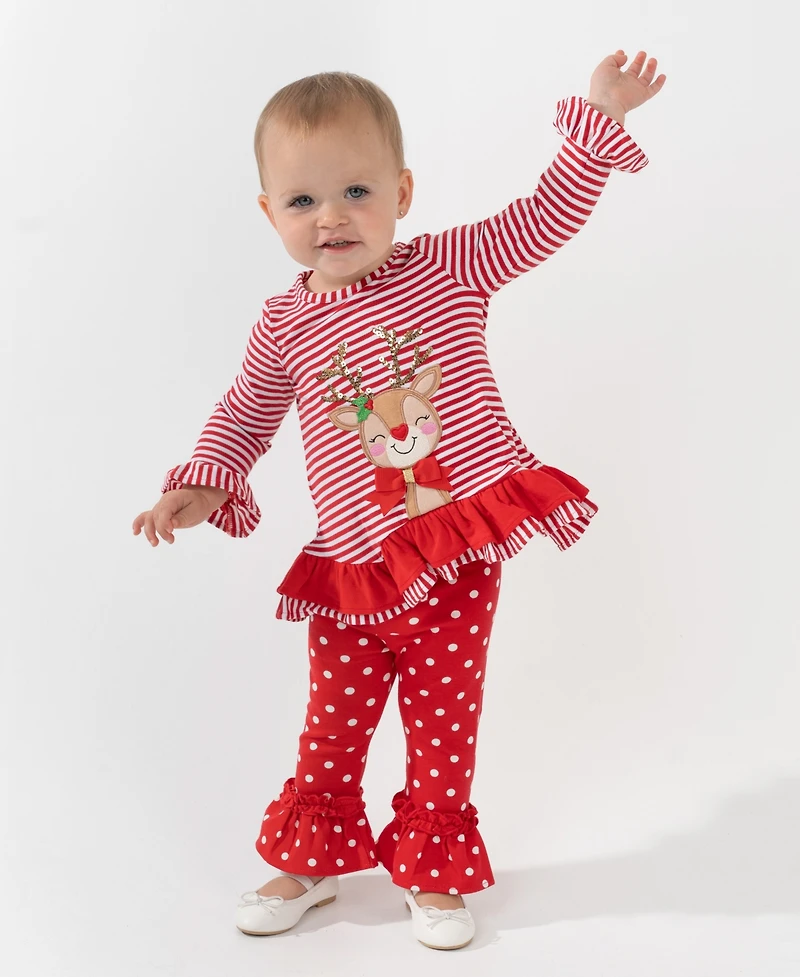 Rare Editions Baby Girl 2-Piece Reindeer Applique Top and Polka Dots Leggings Set