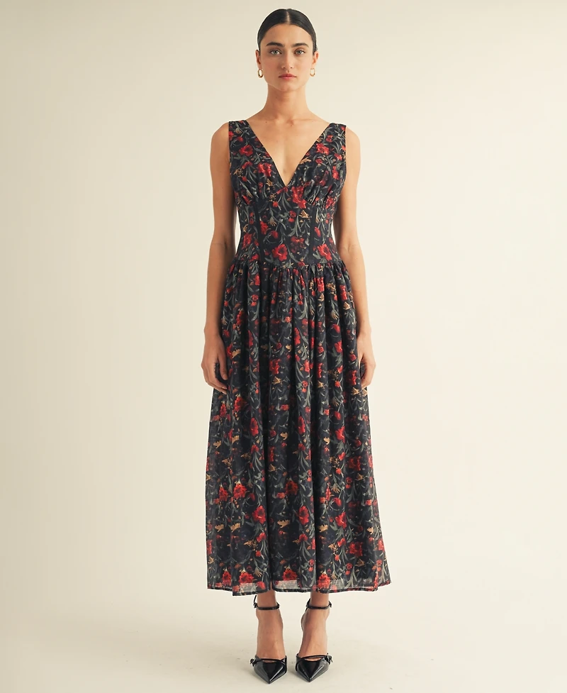 Arose Studio, Inc Women's V-Neck Detailed Floral Printed Maxi Dress