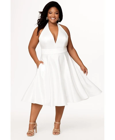 Sydney's Closet Women's Halter Satin Tea-Length White Dress