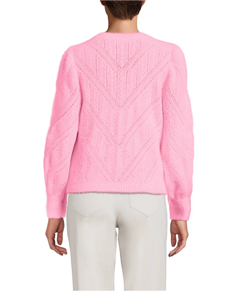 Lands' End Women's Eyelash Fuzzy Pointelle Puff Sleeve Sweater