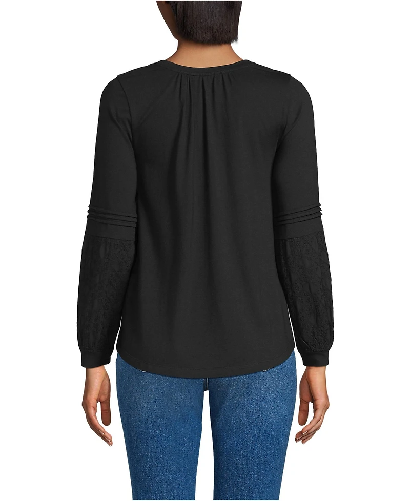 Lands' End Women's Lightweight Jersey Lace Mix Long Sleeve Pintuck Top