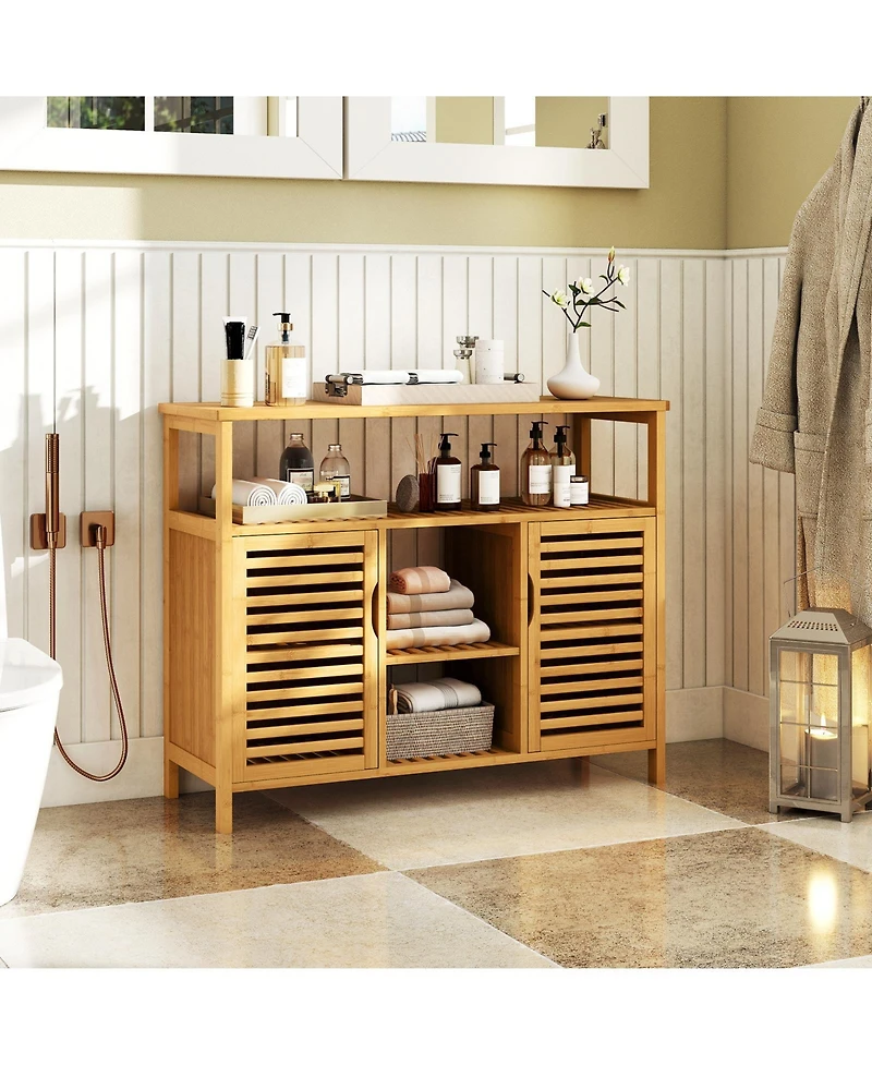 Gymax Bamboo Bathroom Cabinet 2-Door Storage Organizer w/ Shelves for Living Room