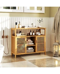 Gymax Bamboo Bathroom Cabinet 2-Door Storage Organizer w/ Shelves for Living Room
