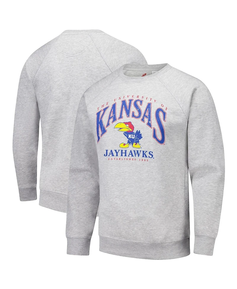 League Collegiate Wear Men's Heather Gray Kansas Jayhawks Tall Arch Essential 2.0 Pullover Sweatshirt
