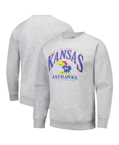 League Collegiate Wear Men's Heather Gray Kansas Jayhawks Tall Arch Essential 2.0 Pullover Sweatshirt
