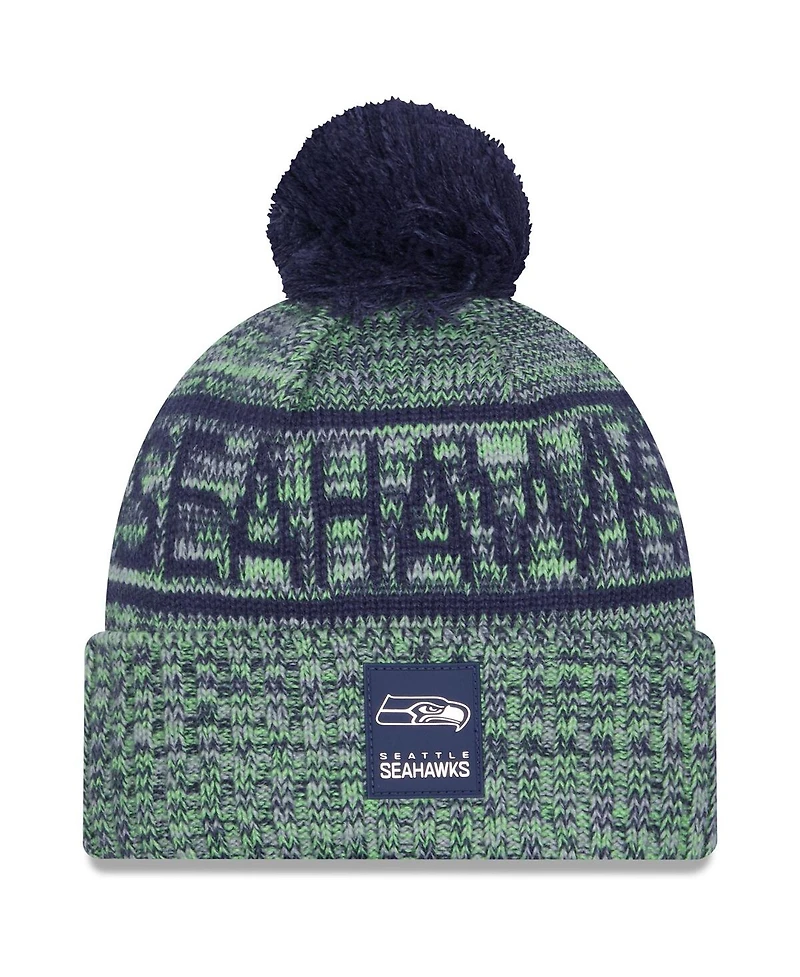 New Era Men's Neon Green Seattle Seahawks 2025 Sideline Cold Weather Cuffed Pom with Knit Hat