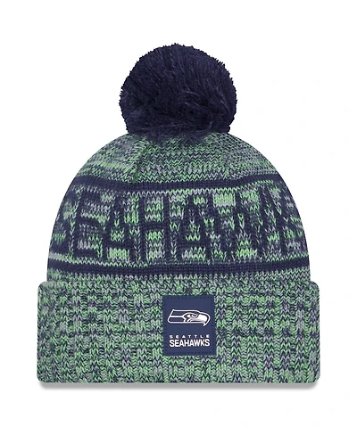 New Era Men's Neon Green Seattle Seahawks 2025 Sideline Cold Weather Cuffed Pom with Knit Hat