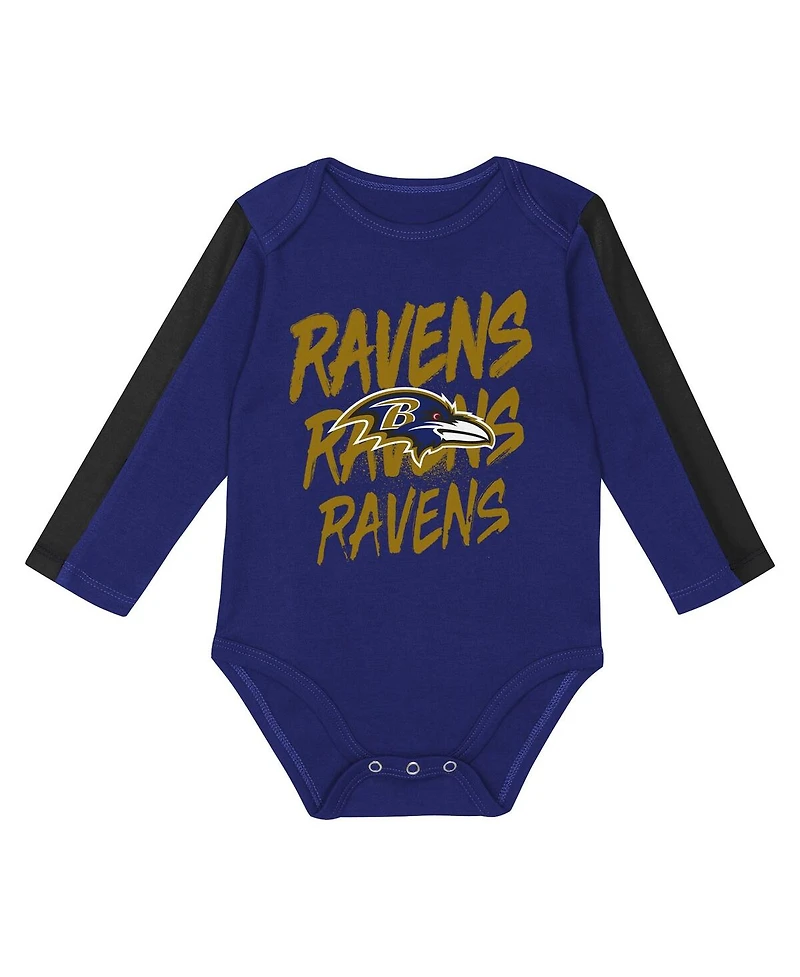 Outerstuff Baby Boys and Girls 3-Piece Baltimore Ravens Double Down Bodysuits and Pants Set