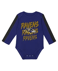 Outerstuff Baby Boys and Girls 3-Piece Baltimore Ravens Double Down Bodysuits and Pants Set