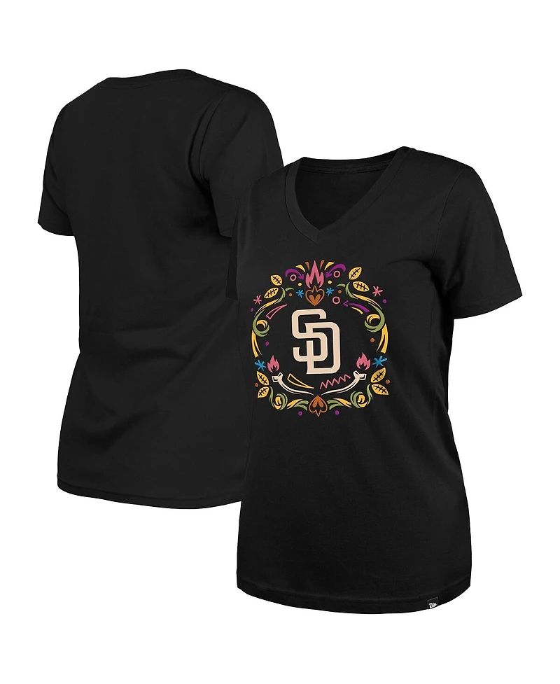 New Era Women's Black San Diego Padres Dia de los Muertos V-Neck T-Shirt