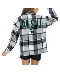 Gameday Couture Women's Grey Michigan State Spartans Long Sleeve Brushed Plaid Button-Up Overshirt Jacket
