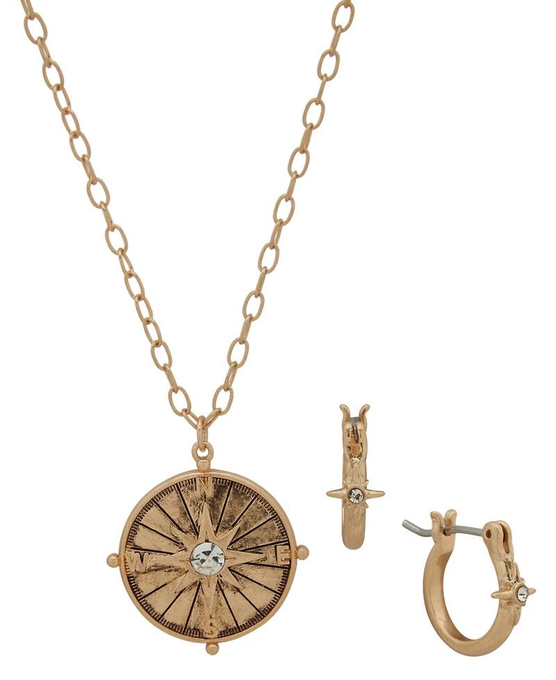 Yellowstone 2-Pc. Compass Pendant Necklace and Hoop Earrings Gift Set