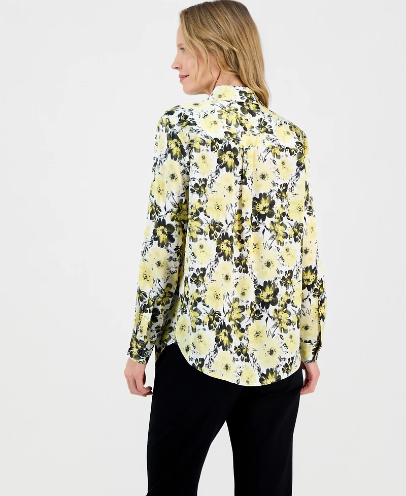 Kasper Women's Floral-Print Satin Button-Front Blouse