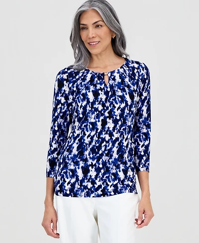 Kasper Women's Printed Pleat-Neck 3/4-Sleeve Top