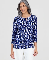 Kasper Women's Printed Pleat-Neck 3/4-Sleeve Top