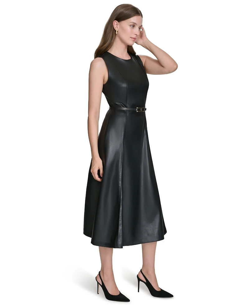 Halston Women's Faux-Leather Belted Sleeveless Midi Dress