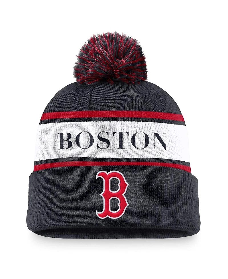 Nike Men's Navy Boston Red Sox Team Stripe Peak Cuffed Knit with Pom Hat