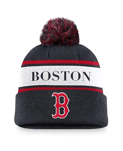 Nike Men's Navy Boston Red Sox Team Stripe Peak Cuffed Knit with Pom Hat
