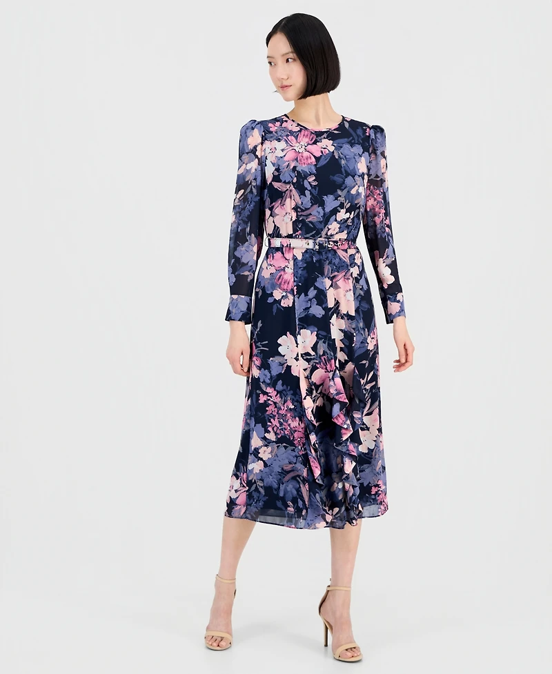 Tahari Asl Women's Floral Long-Sleeve Ruffled Dress
