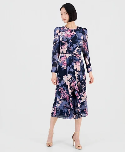 Tahari Asl Women's Floral Long-Sleeve Ruffled Dress