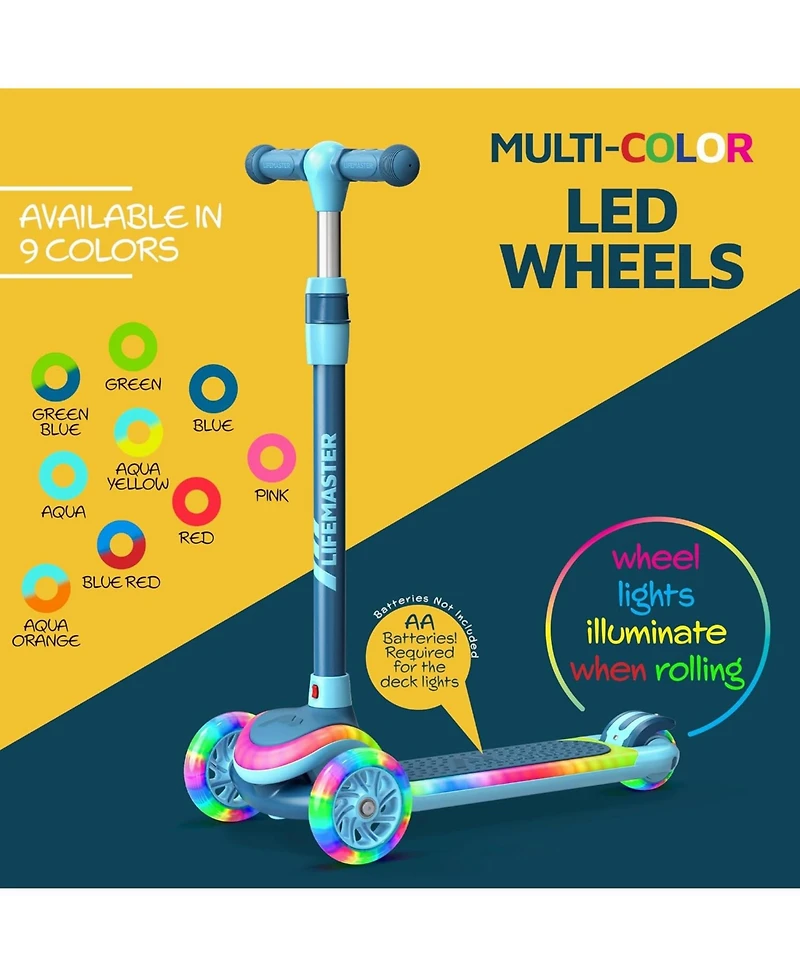 Lifemaster 3-Wheel Kids Scooter with Multi-Color Lights on Deck & Wheels – 5-Height Adjustable Handlebar, Wide Anti-Slip Deck, Child Safety Cer
