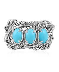 American West Jewelry Sterling Silver Kingman Turquoise Three Stone Feather Ring