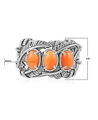 American West Jewelry Sterling Silver Orange Spiny Oyster Three Stone Feather Ring