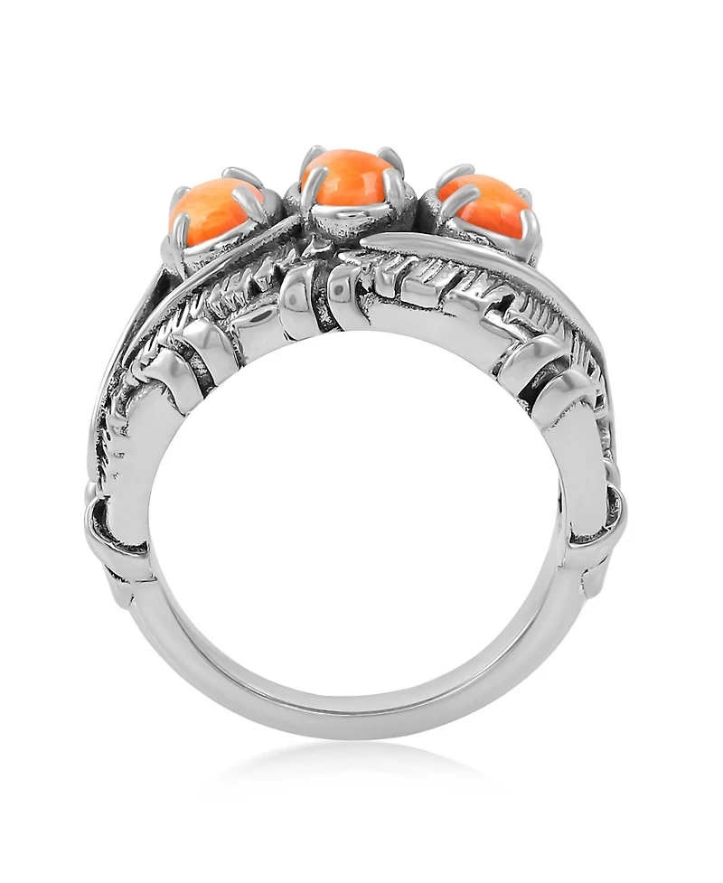 American West Jewelry Sterling Silver Orange Spiny Oyster Three Stone Feather Ring