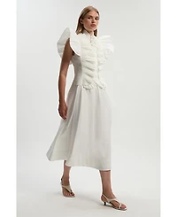 Karen Millen Women's Pleated Ruffle Sleeve Woven Maxi Dress