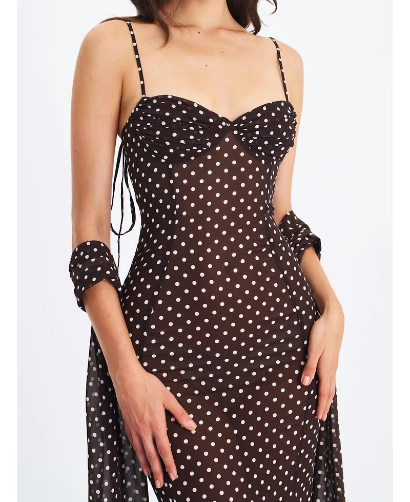 Miss Circle Women's Yadira Brown Base Polka Dot Chiffon Maxi Dress