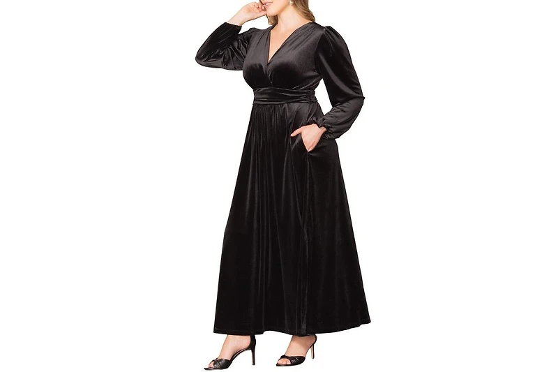 Kiyonna Plus Vivienne Long Sleeve Velvet Evening Gown with Pockets